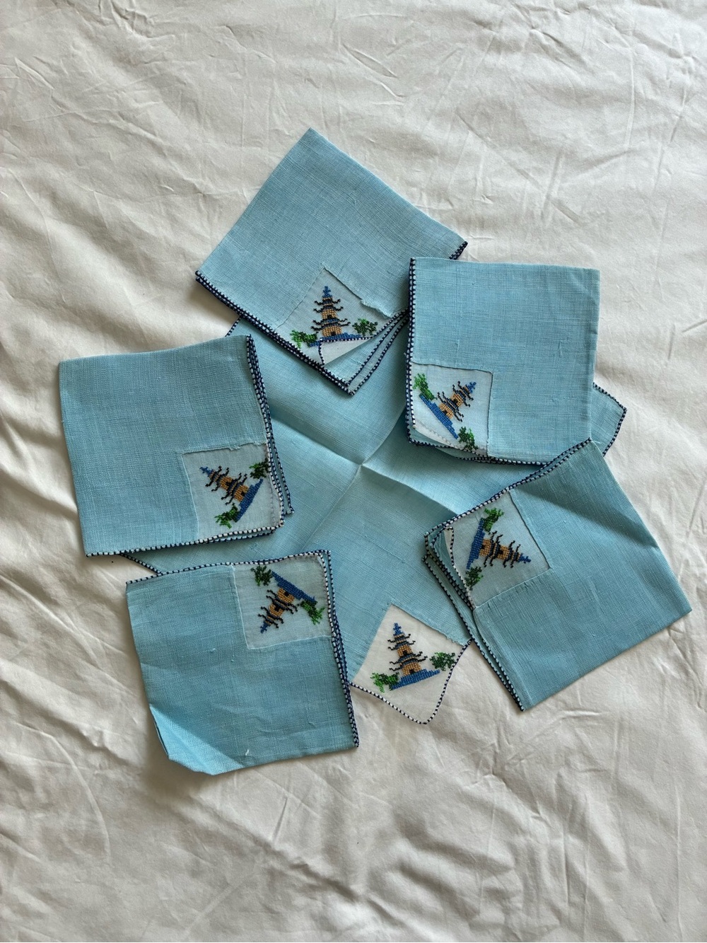 Vintage Set of 6 Light Blue Linen Embroidered Cocktail Napkins